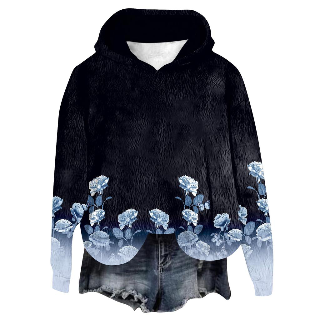Women's Hooded Long Sleeve Printed Flannel Top Hooded Sweatshirt