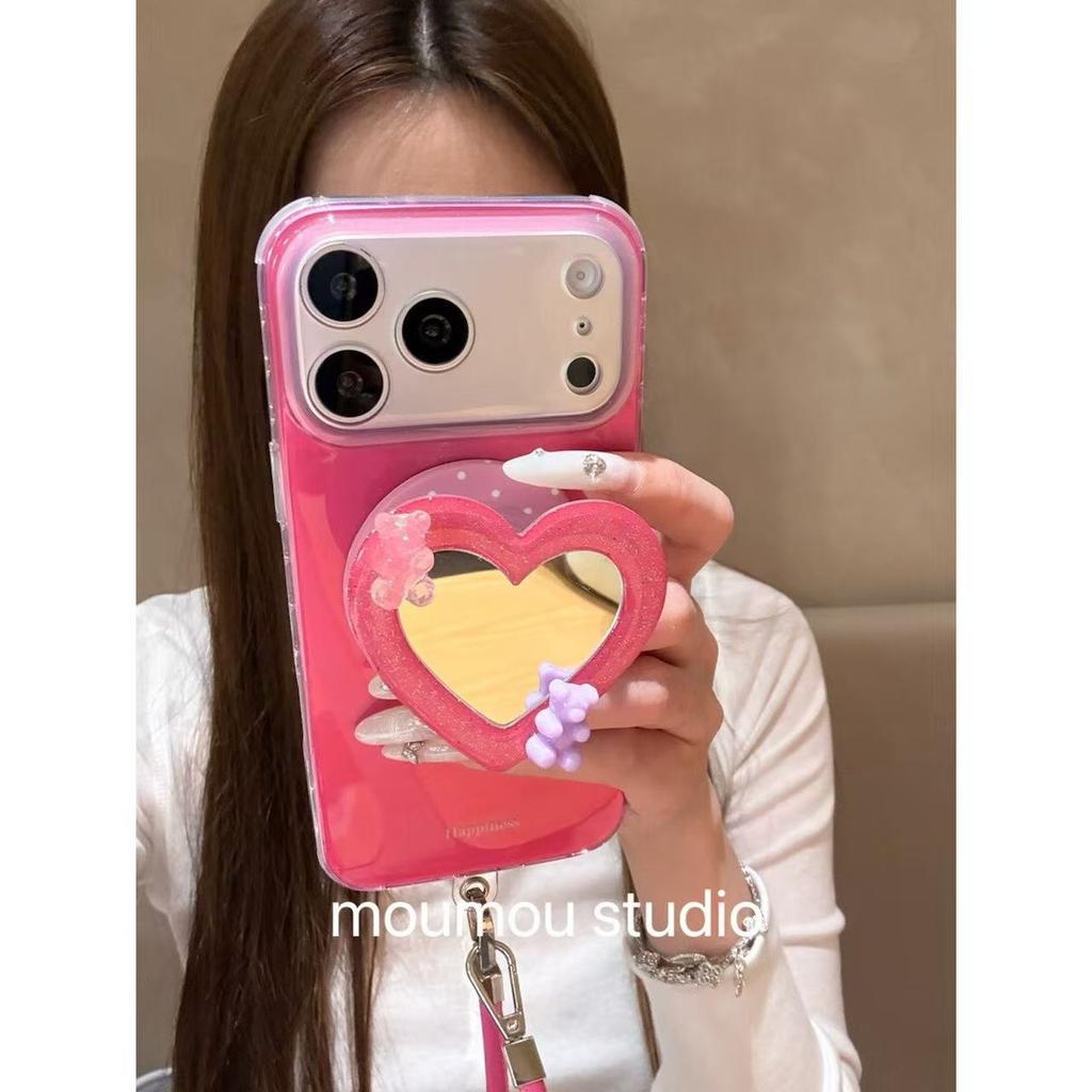 ins wind creative heart-shaped bear mirror is suitable for Apple 17promax mobile phone case 16 protective case 15 girl