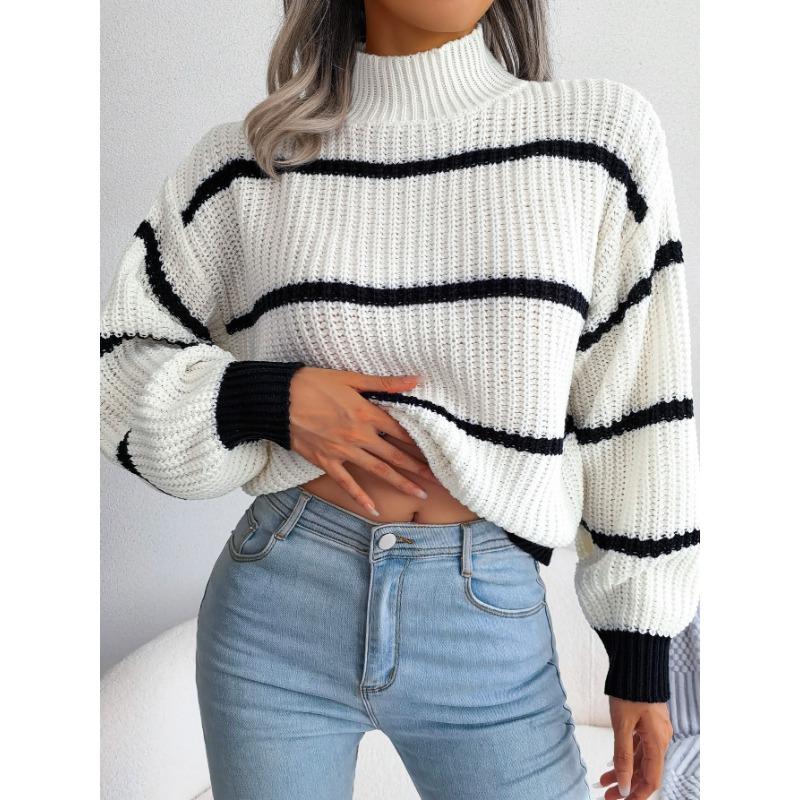Pull rayé à manches lanternes, Pull décontracté à col roulé et manches longues, Hauts décontractés pour l'automne et l'hiver, Vêtements pour femmes