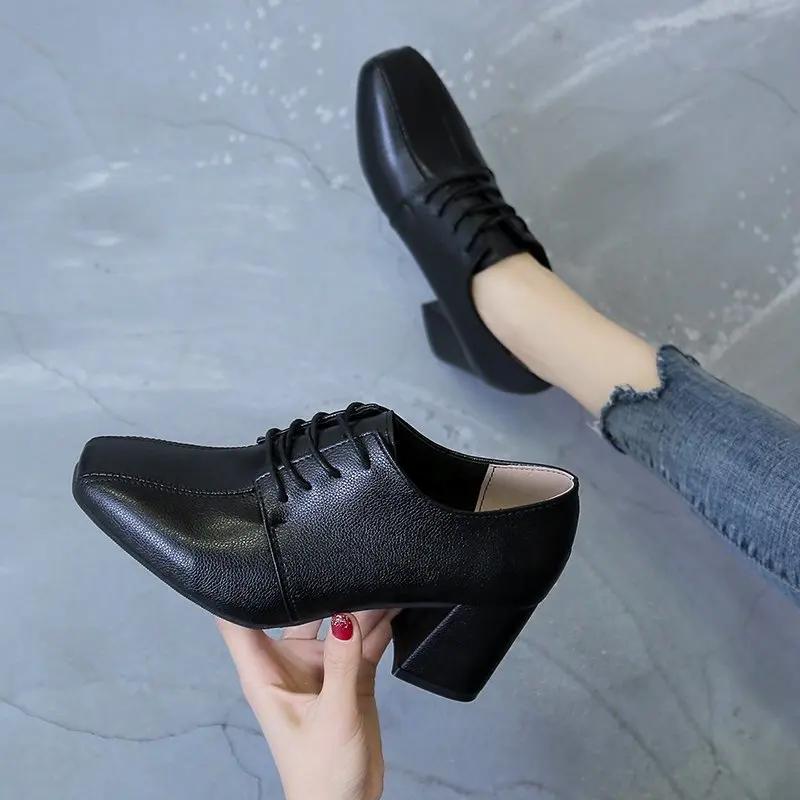 Fashion Leather Soft Leather High Heels Women's Single Shoes British Style Retro Deep Cut Square Toe Lace Up  2024