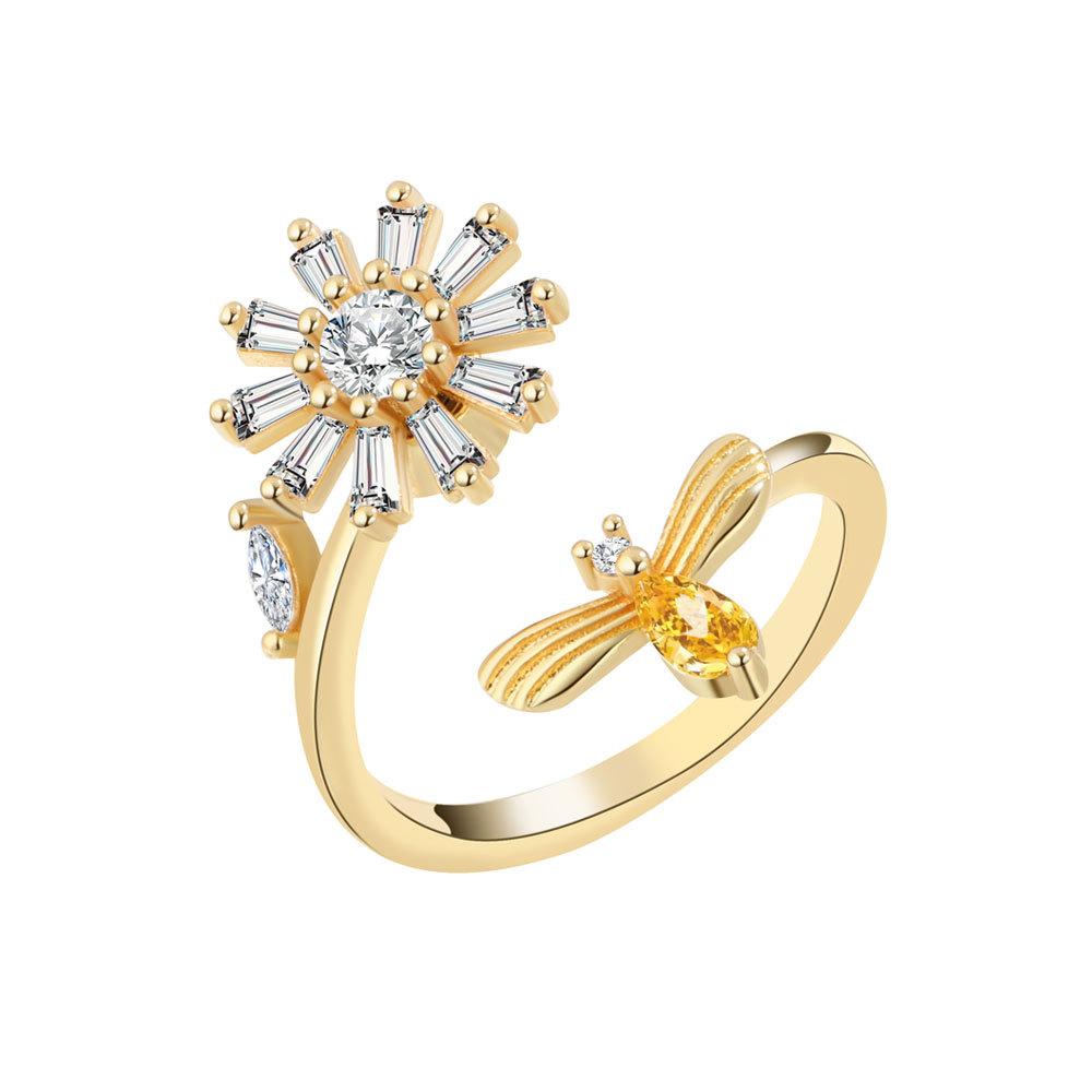 Sunflower & Bee Aesthetic Enamel Anxiety Ring for Women Adjustable Wedding Party Fashion Zircon Gift with Rotating Design resizable