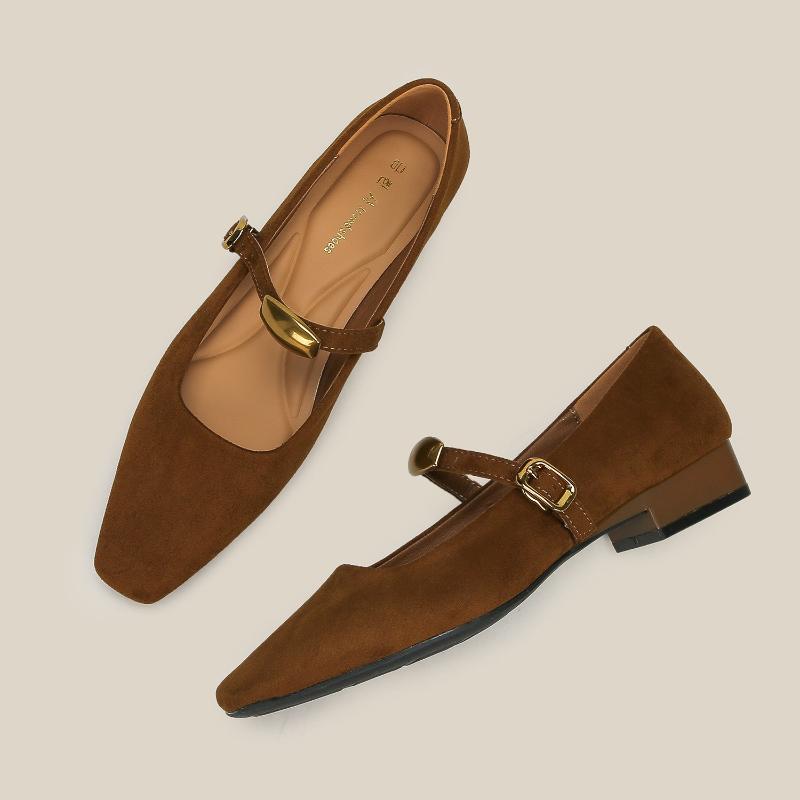 Vintage Mary Jane Shoes Women Soft Sole Low Heel Square Toe Suede Flats Breathable Non-Slip Casual