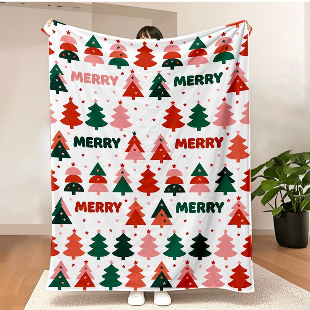Merry Christmas Blanket Christmas Tree Gingerbread Man Red Flannel Blanket for New Year Christmas Gift for Family Nana Mon Dad