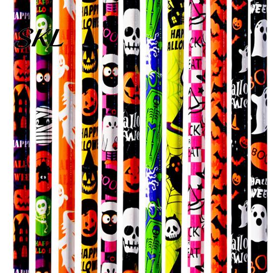 Smooth Writing Pencils 12 Pcs Halloween with 3D Skull Ghost Pumpkin Cat Erasers, Bat Pattern Wood Bulk for Goodie Bags, School Classroom Rewards