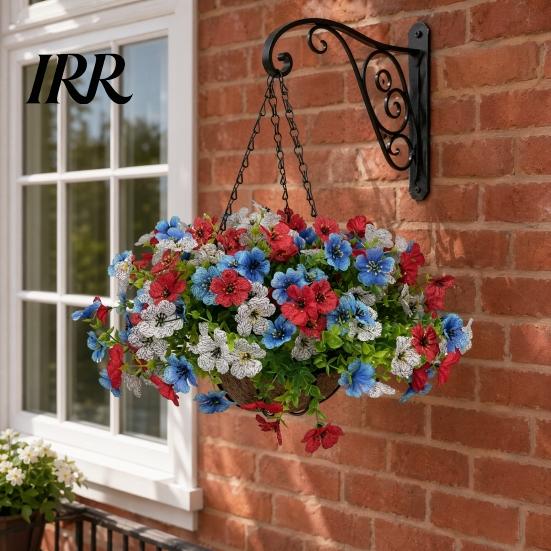 Decorative Flower Basket Artificial Hanging with for Outdoors, 4th of July Patriotic Faux Violet Flowers Flowers, UV Resistant Fake Plants