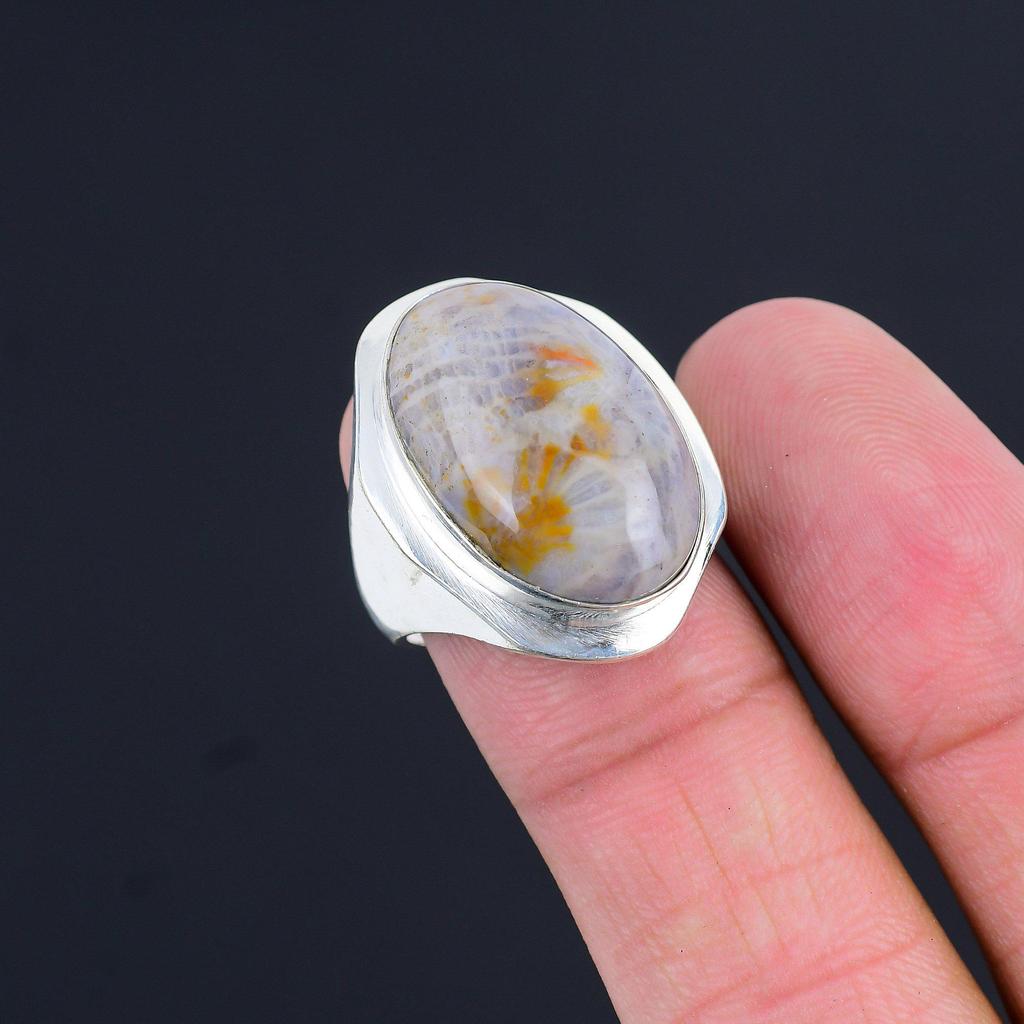 Womens day Sale 925 Silver Natural Fossil Coral Multi Stone Ring Jewelry US 8