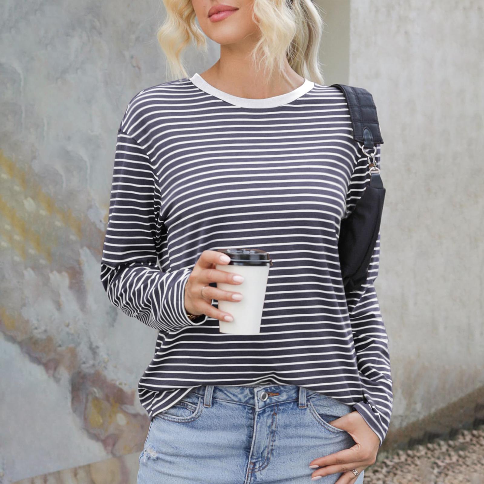 

Женские полосатые топы с принтом, с длинным рукавом, с круглым вырезом, свободный крой, базовые футболки, повседневная одежда весна-осень M