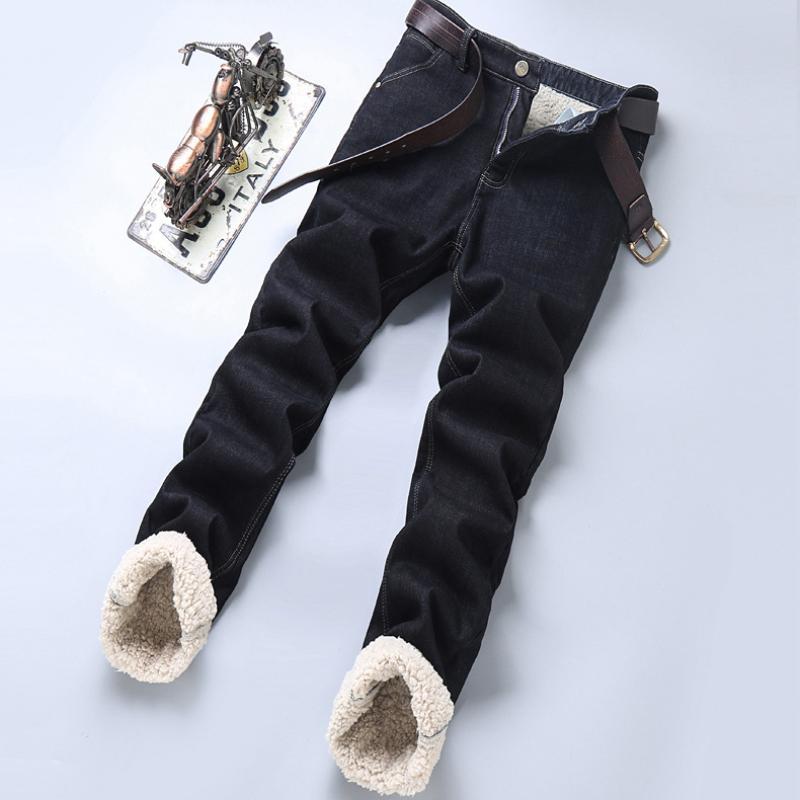 Lamb's Wool Enlarged Thickened Winter Section Jeans Men's Slim Small Straight Stretch Business Casual Denim Men's Trousers