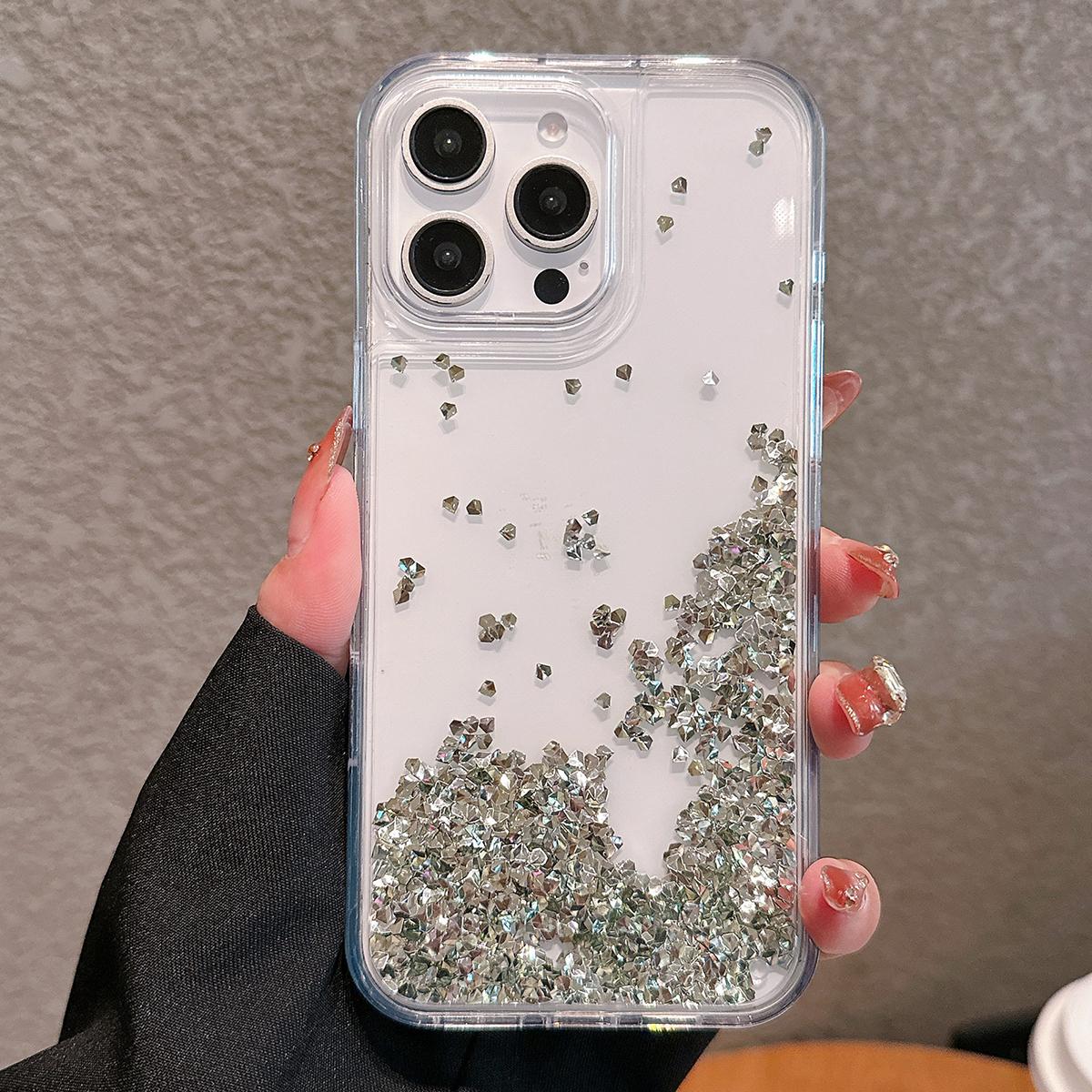 

For iPhone 15 Pro Case Bling Rhinestone Quicksand TPU+PC Protective Cover Silver