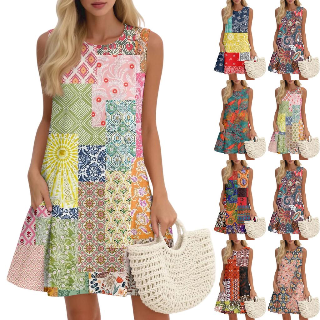 Women's Casual Fashion Breathable Round Neck Vest Floral Holiday Dress With Pockets