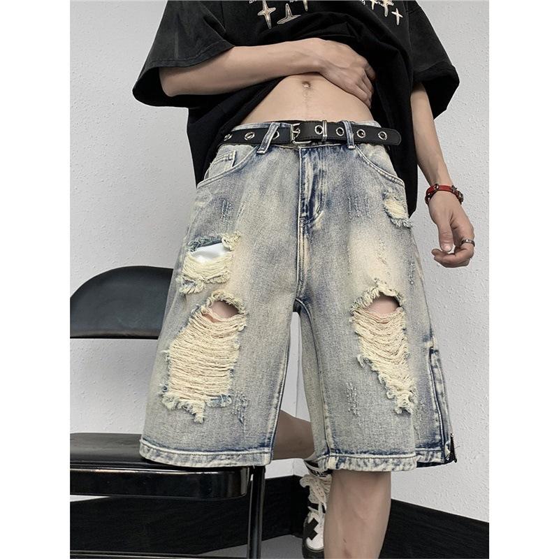 2026 Summer New Vintage Ripped Denim Shorts for Men, Loose Wide-Leg Five-Pocket Pants