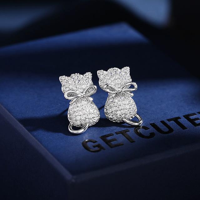 Koreansk Mote Søte Søte Katt Øredobber for Kvinner Design Statement Dyr Ørepigger 925 Sølvnål Luksussmykker