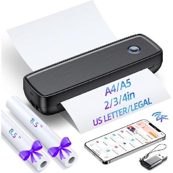 Aixiqee Inkless Portable Printer Wireless for Travel - High Resolution, 4200mAh Battery, Thermal Mini Printer for A4/A5/2/3/4in, USB, Lightweight, No