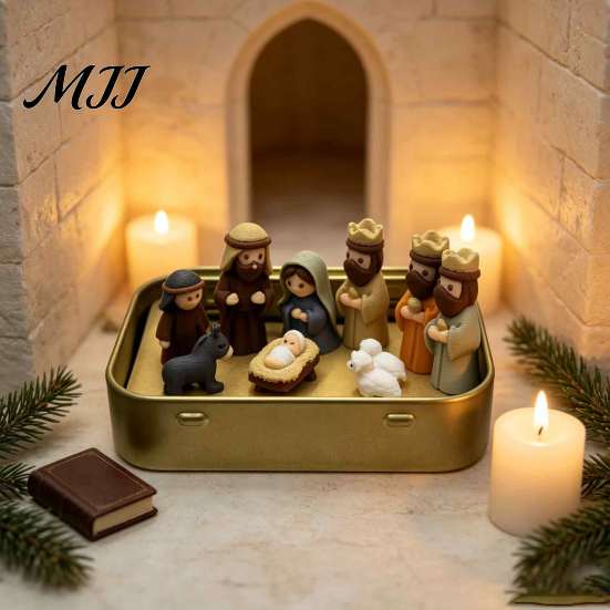 Nische Kreatives Weihnachtsgeschenk Mini-Weihnachtskrippe in einer Blechdose, 3D-gedruckte Taschengröße Heilige Familie Retro Metall-Aufbewahrungsbox Figuren,