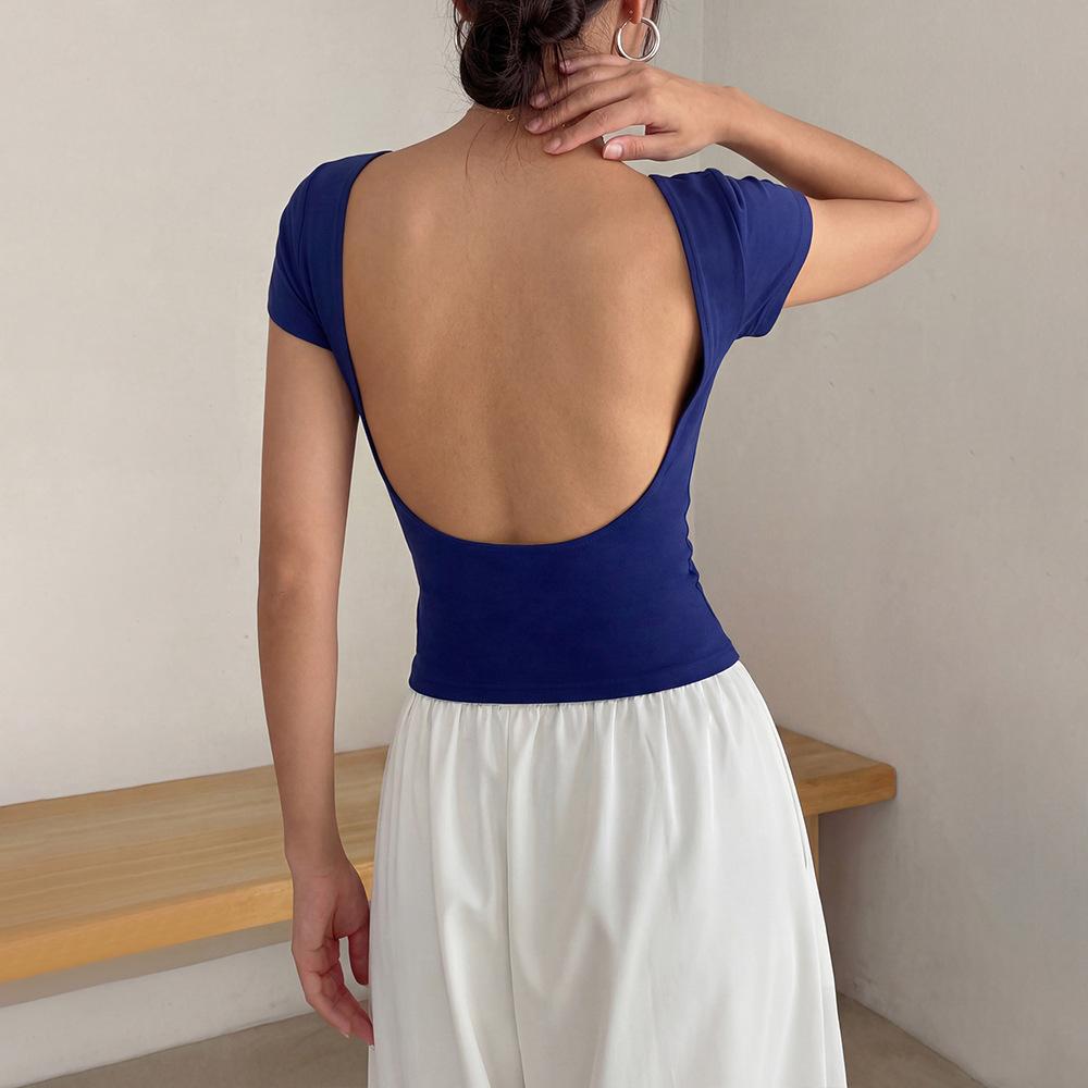 Women's Round Neck Short Sleeve Solid Color U Backless Slim Fit Cropped T Shirt Casual Summer Basic Workout Tee Top