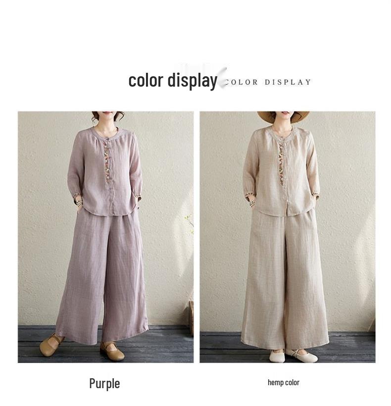 Spring/Summer Embroidered Shirt & Loose Cotton Linen Pants Set for Middle-Aged/Elderly Women