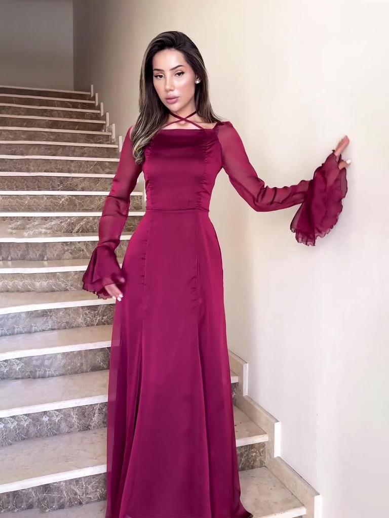 Gentle Autumn Tie-Up Ruffle Slim Fit Dress with Flowing Fabric (2024 European & American Collection)