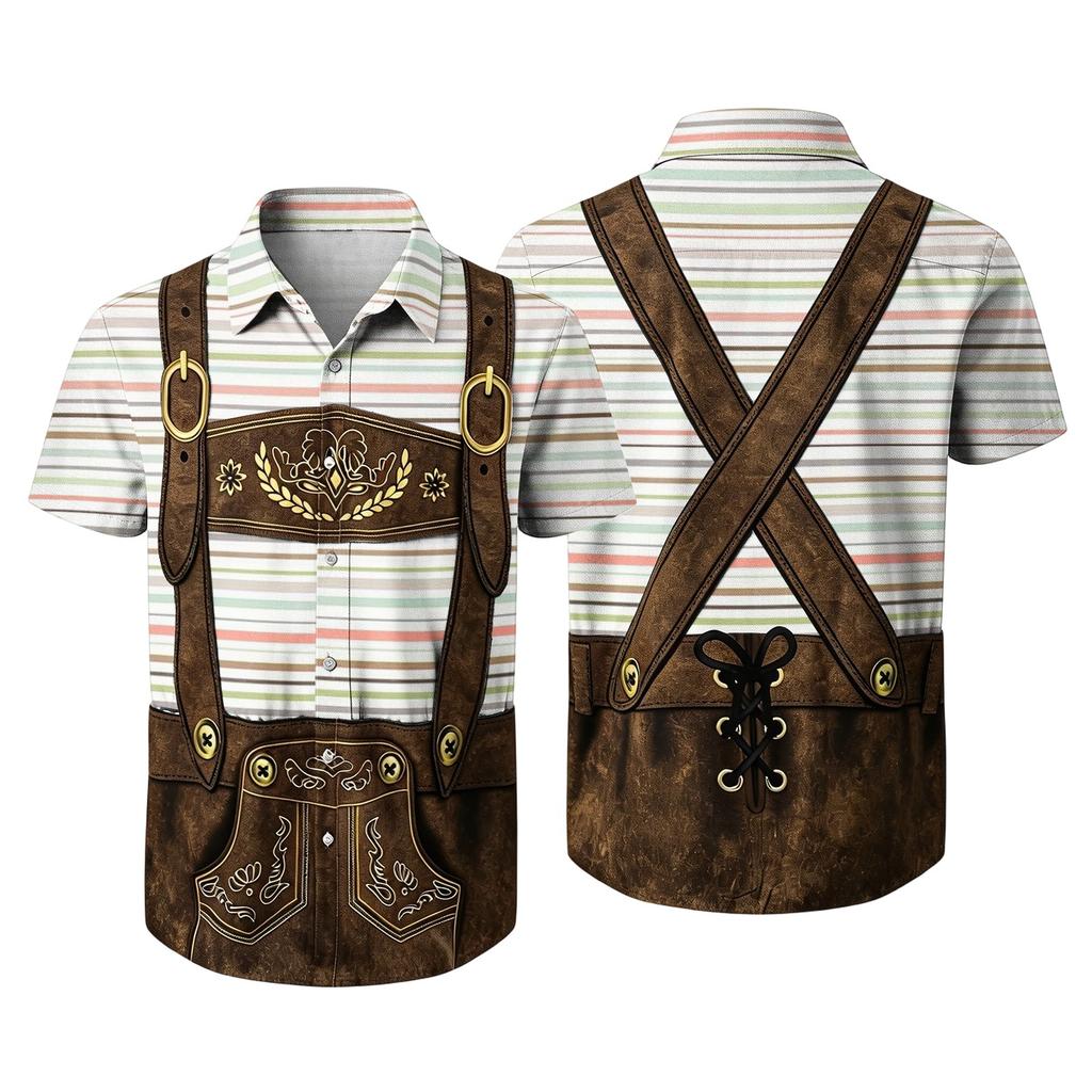 Men's Short Sleeve Button Down Shirt Retro Beer Festival Print Casual Loose Fit Party Shirt with Traditional Lederhosen Design for Everyday Wear
