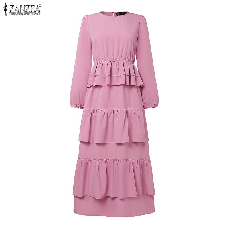 ZANZEA Women Round Neck Long Sleeve Casual Ruffles Long Dress