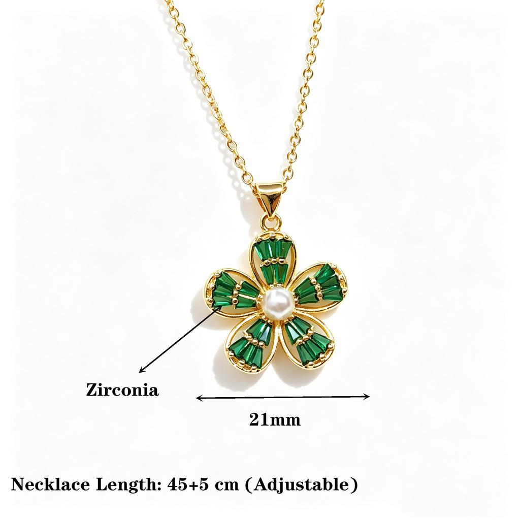 Stainless Steel Chian Red Green Zircon Flowers Pendant Necklace For Women New Luxury Girls Lucky Chain Birthday Jewelry Gifts