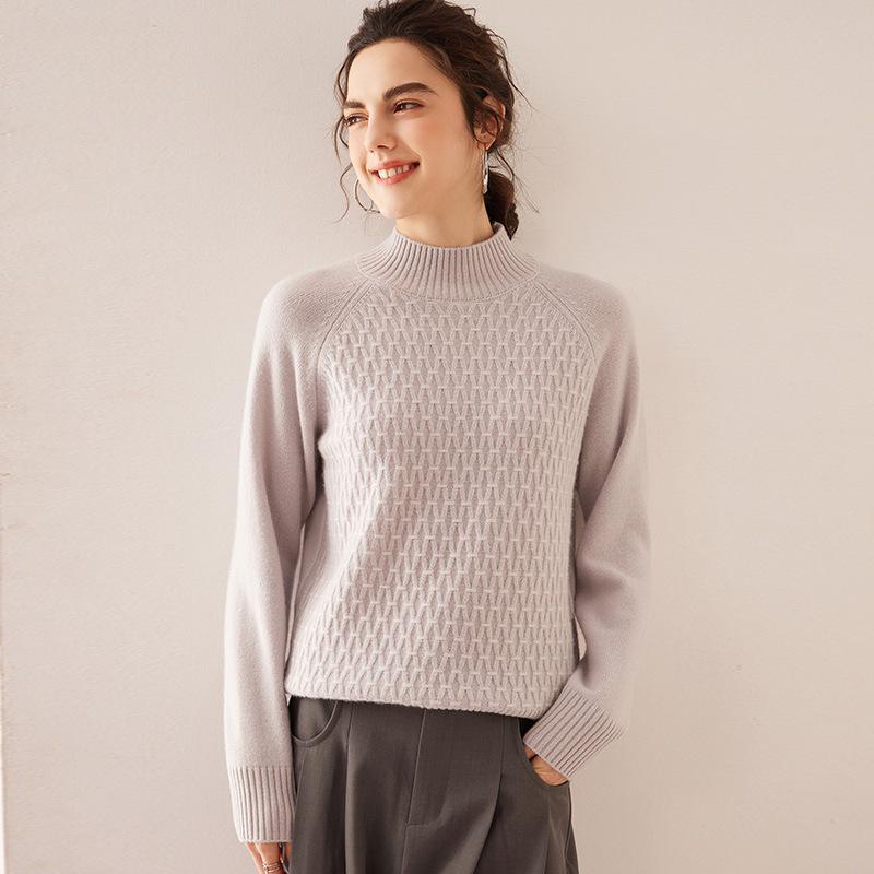 Women's Cashmere Cable Knit Sweater - Loose Fit, Double-Strand, Half-High Collar, Solid Color, Short Style, Perfect for Autumn and Winter