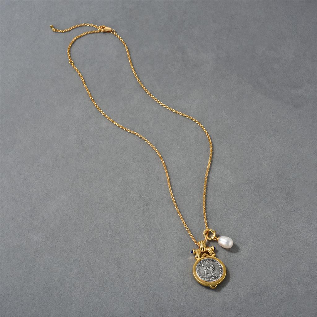 Vintage Heavy Industry Creates Double-Sided Embossed Sun God Apollo Ancient Coin Natural Pearl Pendant Necklace