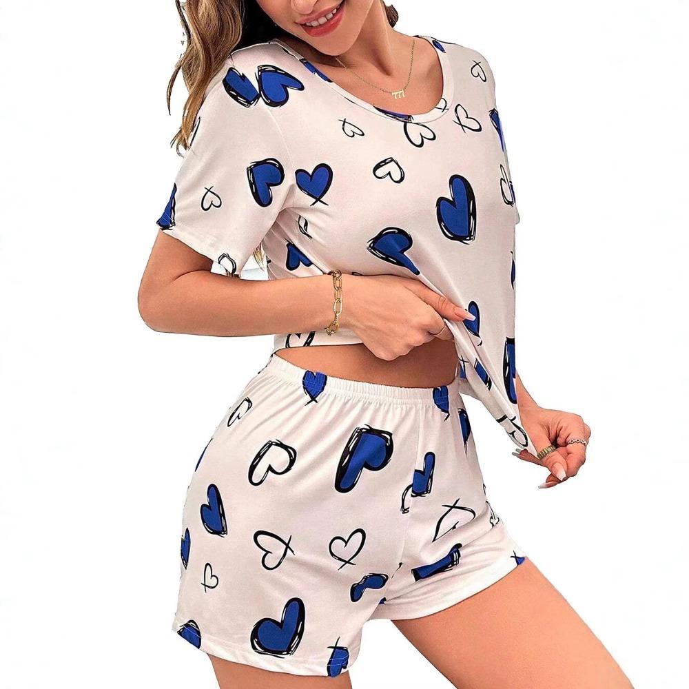 Women's Loose Fit Loungewear Set Short Sleeve Heart Print Top Elastic Waist Shorts