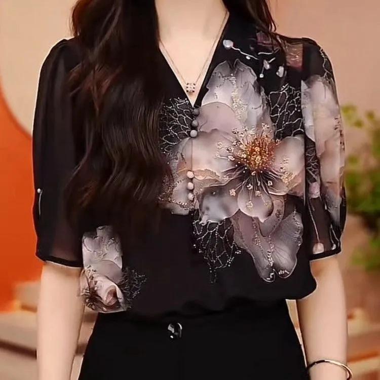 Chiffonbluse Damen Sommer Halbarm Dünnes Hemd Damen Französisch Allround Dünn und Schön Westernstil Bluse Damen