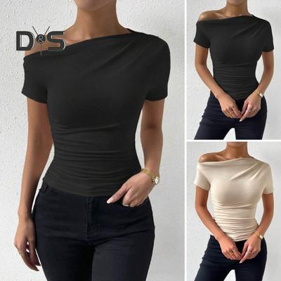 Women Summer T-shirt Skew Collar Short Sleeve Slim Fit Tee Shirt Solid Color Side Shirring Pullover Tops