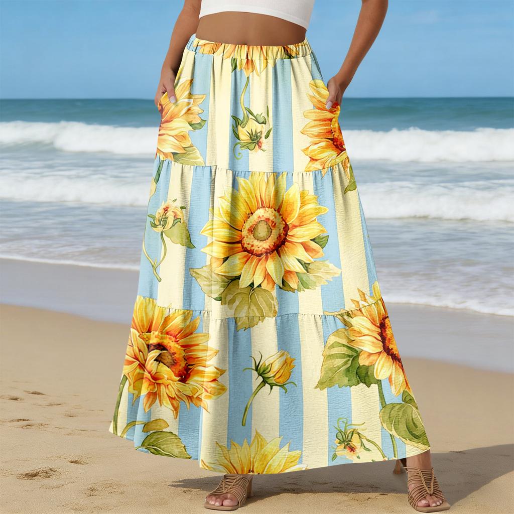 Women's Casual High Waist Drawstring A-line Skirt Color Skirt With Pockets