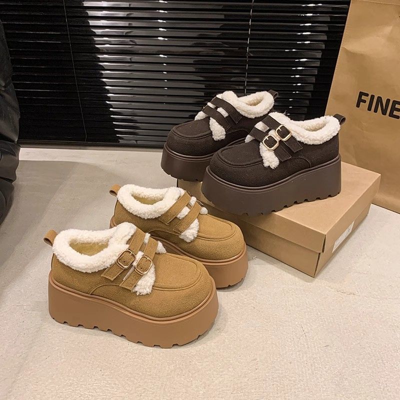 Snow Boots Women's Thick-soled Heightening Velvet Warm Small Leather Shoes Women's 2025 Autumn and Winter New Versatile One-pedal Cotton Shoes