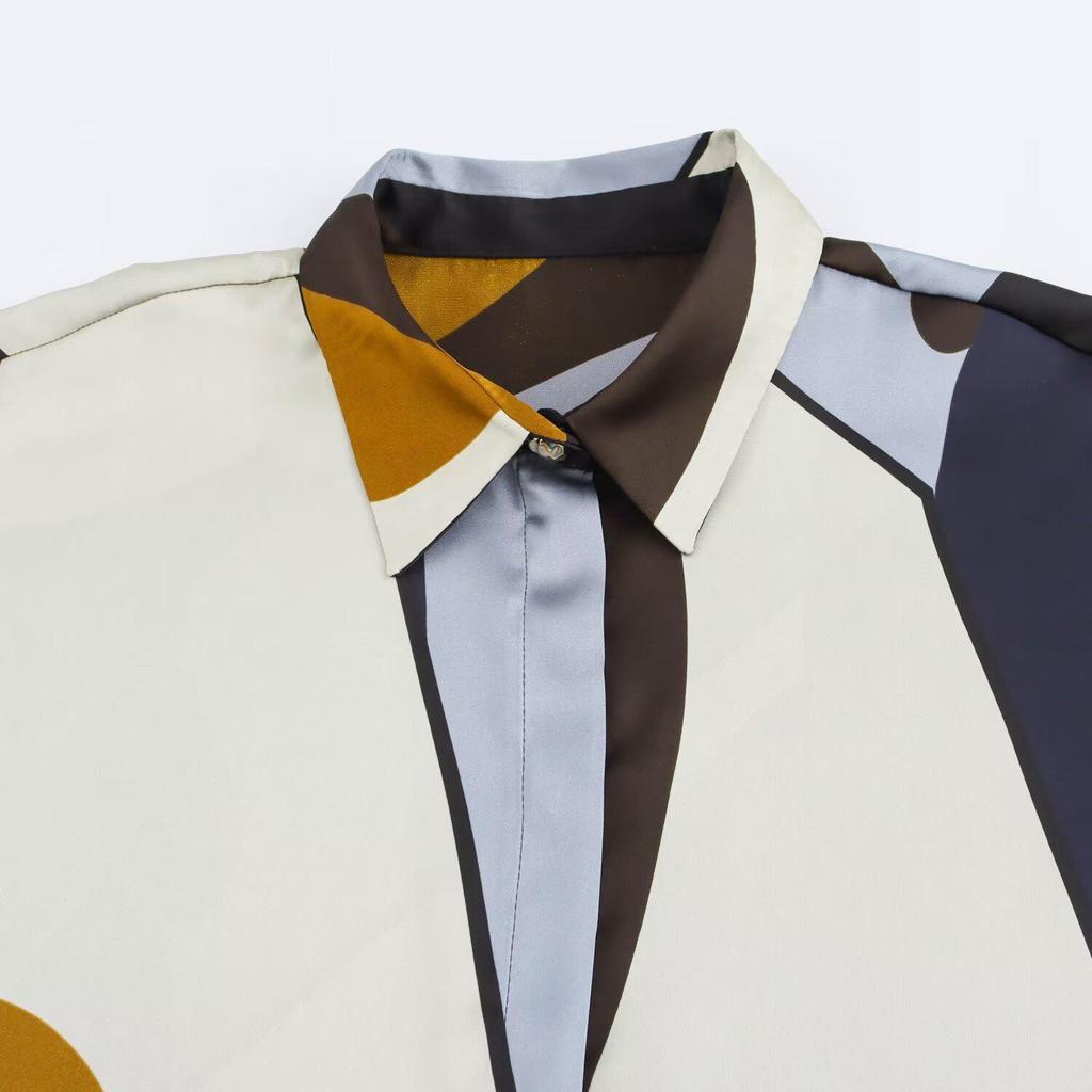Spring 2025 Women's Fashion: Versatile Silk Satin Lapel Print Shirt
