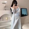 Women's French Court Ice Silk Nightgown Set with Lace Trim & Built-in Bra Camisole - 2026 Spring/Summer Collection