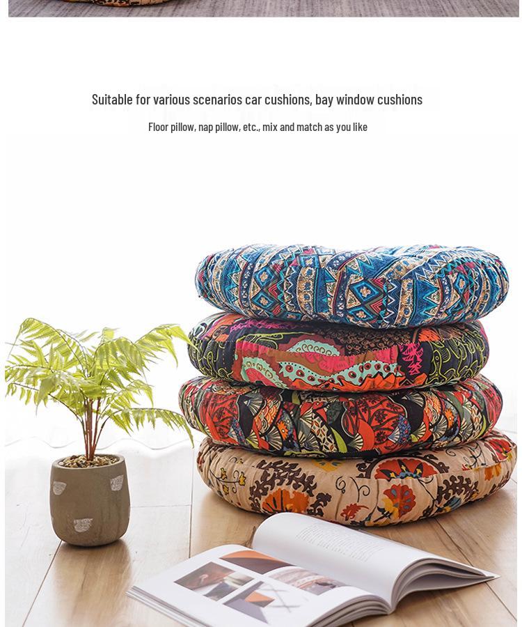 Ethnic Fabric Thickened Round Cotton Linen Cushion for Bay Window, Tatami, Prayer, Teahouse, or Yoga.