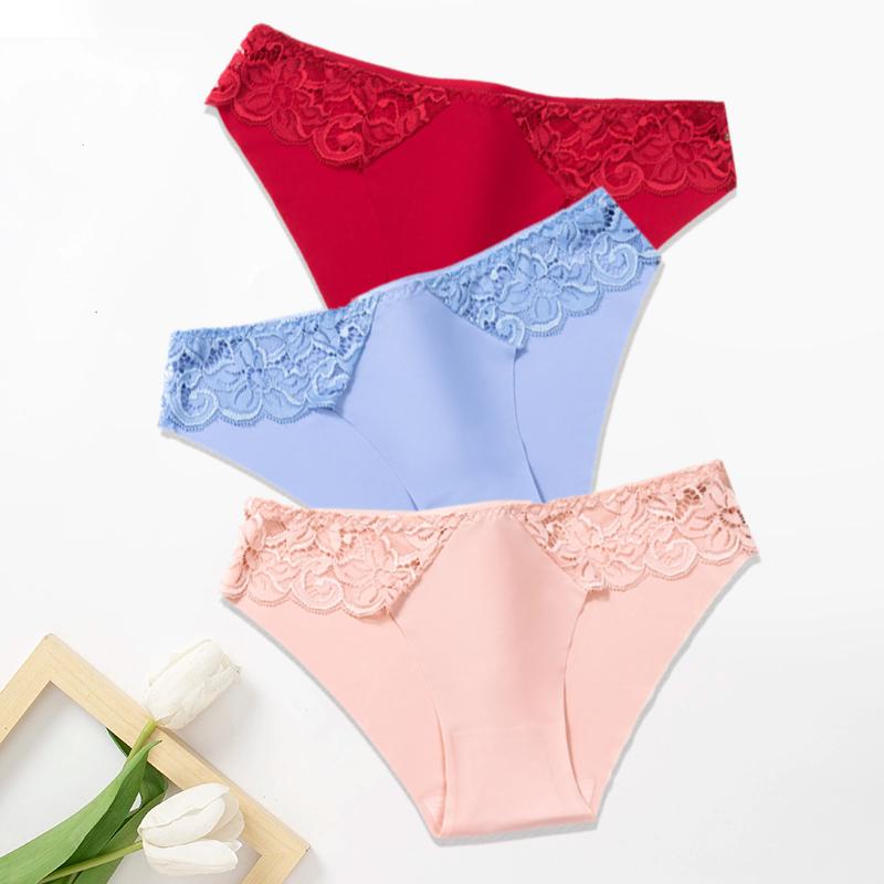 3Pcs/Set Lace Woman Panties Silk New Female Underwear for Woman Seamless Solid Lingerie Panties 3Pcs Free Shipping