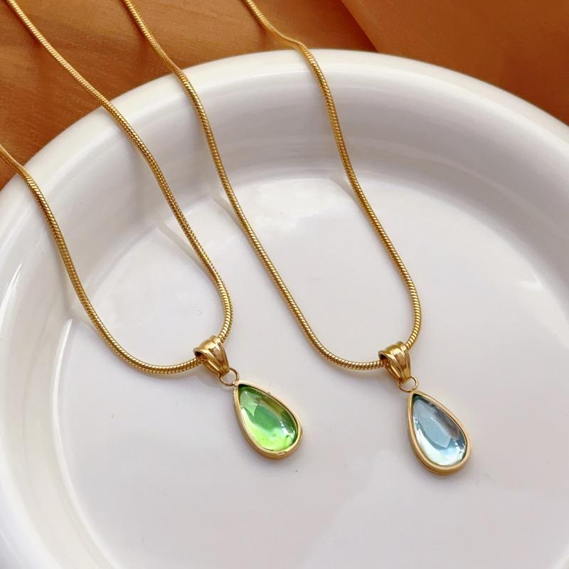Luxury Gold Stainless Steel Teardrop-shaped Blue and Green Crystal Pendant Necklace Stud Earrings Set for Woman Jewelry