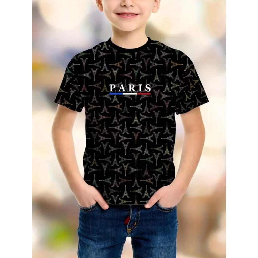 Boys' T-Shirt Simple Paris Letter Print Summer Short Sleeve Tees Loose Fashion Round Neck Tops Stripe Streetwear Kids Clothing