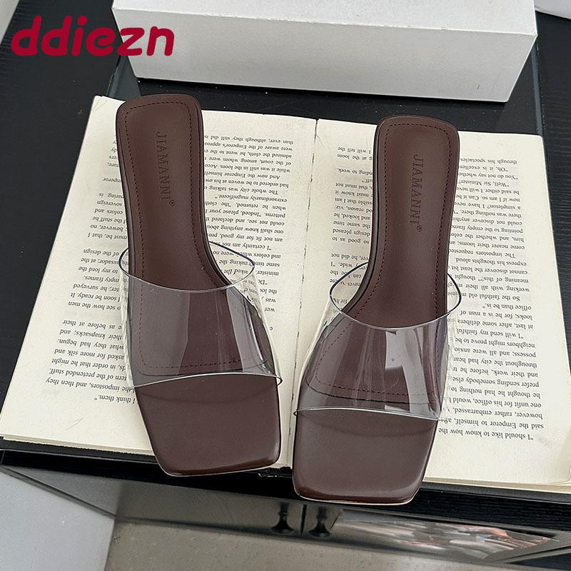 Fashion Fashion Transparent Heels Slippers Shoes For Women Footwear Square Toe Ladies Medium Heels Slippers Shoes Female Slides Sandals