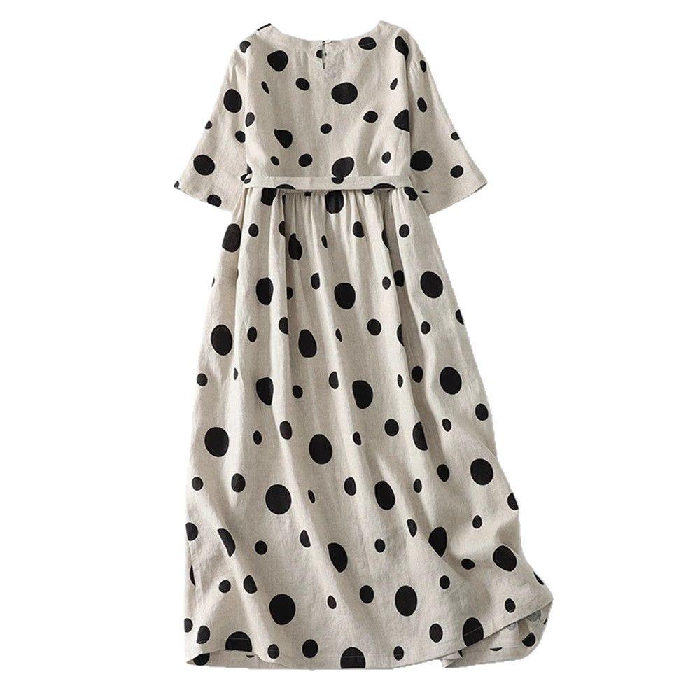 2025 Summer New Travel Polka Dot Cotton and Linen Dress Women's Loose Lace-up Waist Round Neck Short-sleeved Medium and Long Dress