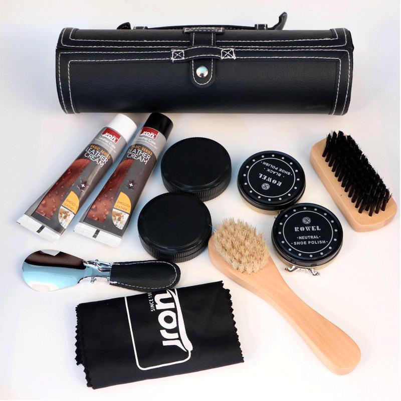 Jinrong Schuhputzset: Inklusive schwarzer und farbloser Politur, Lederpflegeöl, Wildschweinborstenbürste und Schuhanzieher als Geschenk.
