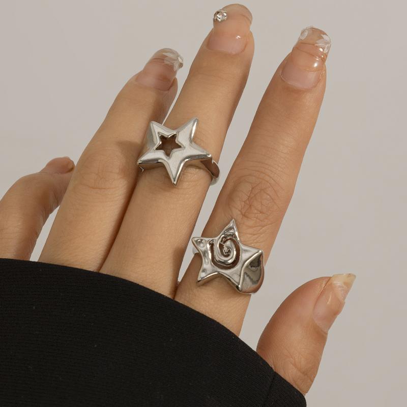Y2K Trendy Star Couple Rings Set for Women Men Adjustable Opening Ring Punk Party Jewelry Personality Metal Accessories 2PCS