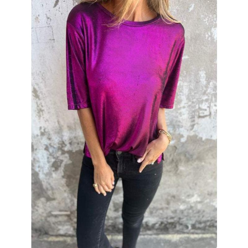 

YYFS женские модные повседневные летние весенние однотонные блузки и рубашки с короткими рукавами и круглым вырезом с принтом XXXL фиолетовый