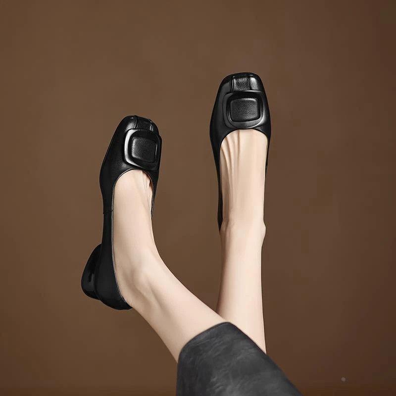 Square Head Soft Sole Single Shoes, Shallow Mouth Comfortable New Commuting Leather Soft Leather Women's Shoes Work Shoes