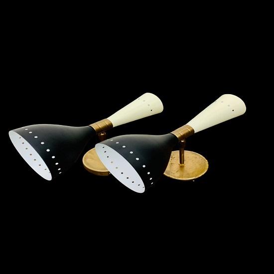 1950's Mid Century Brass Italian Diabolo Wall Sconces Shiny White and Black Wall Sconce Light Fixture Bulb Pair Custom Wall Sconce