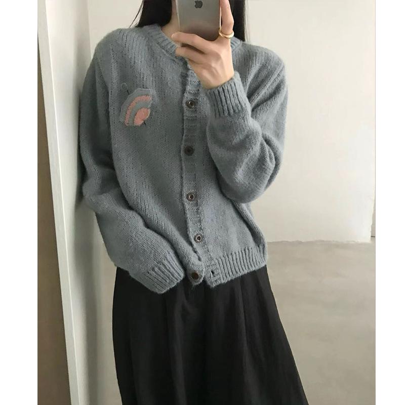 American Personalized Embroidery Pattern Round Neck Long Sleeve Knitted Cardigan Women'S Autumn And Winter Loose Casual Sweater Jacket