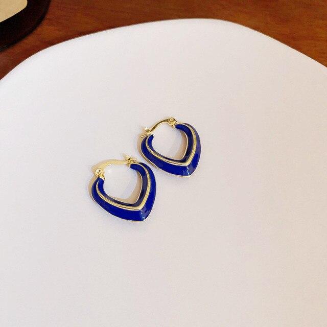 Simple Fashion Blue Red Green Brown Color Heart Metallic Earrings For Women  New Korean Style Brincos Jewelry Wholesale
