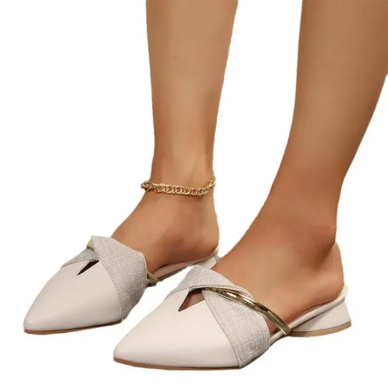 Fashion Sharp Pointed Sandals for Women 2025 New Summer Style Thick Heel Baotou Korean Version Low Heel Cool Slippers for Women