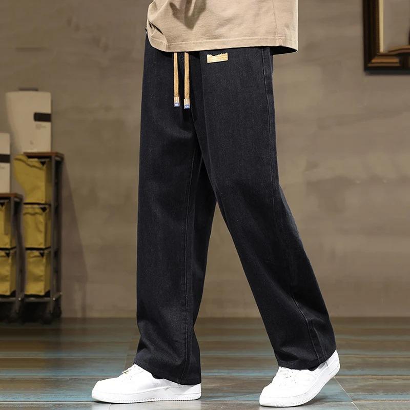 Men Straight Leg Blue Gray Loose Y2K Drawstring Jeans Streetwear Casual Wide Denim Pants Male Baggy Stylish Harajuku Trousers