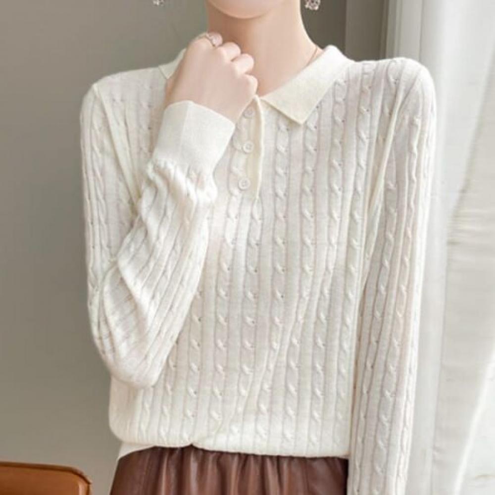 Navava Women Cable Knit Long Sleeve Collar Nk2285