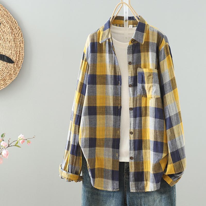 

Осенняя винтажная двухслойная клетчатая рубашка из хлопчатобумажной пряжи с длинными рукавами для женщин 2XL жёлтый